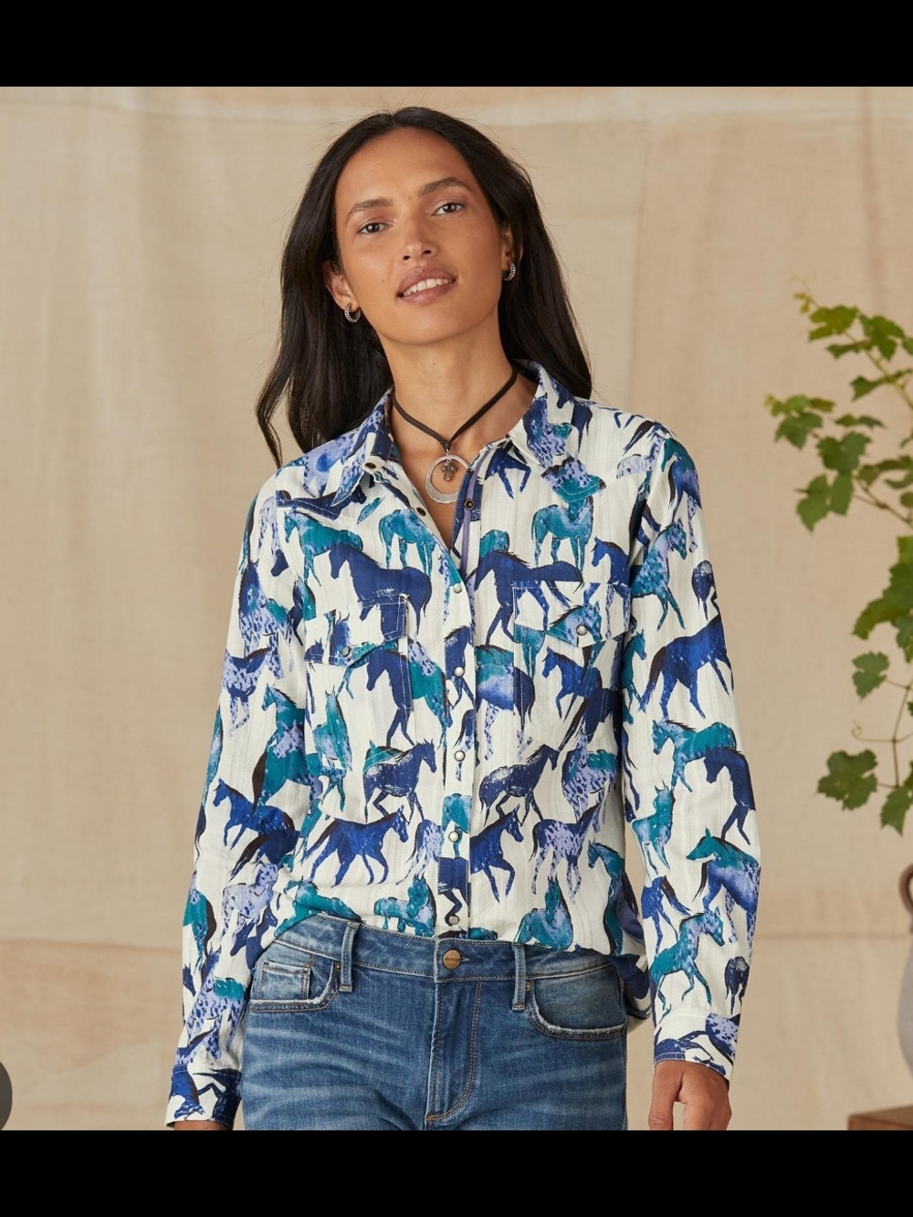 Sundance Women's Button-Down Shirt with Blue Horse Print